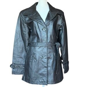 Oscar Piel 100% Leather Belted Button Front Black Coat Jacket‎  Sz M